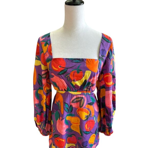 FARM Rio Long-Sleeve Poplin Colorful Open Back Puff Sleeve Mini Dress Size M NWT - Picture 5 of 14